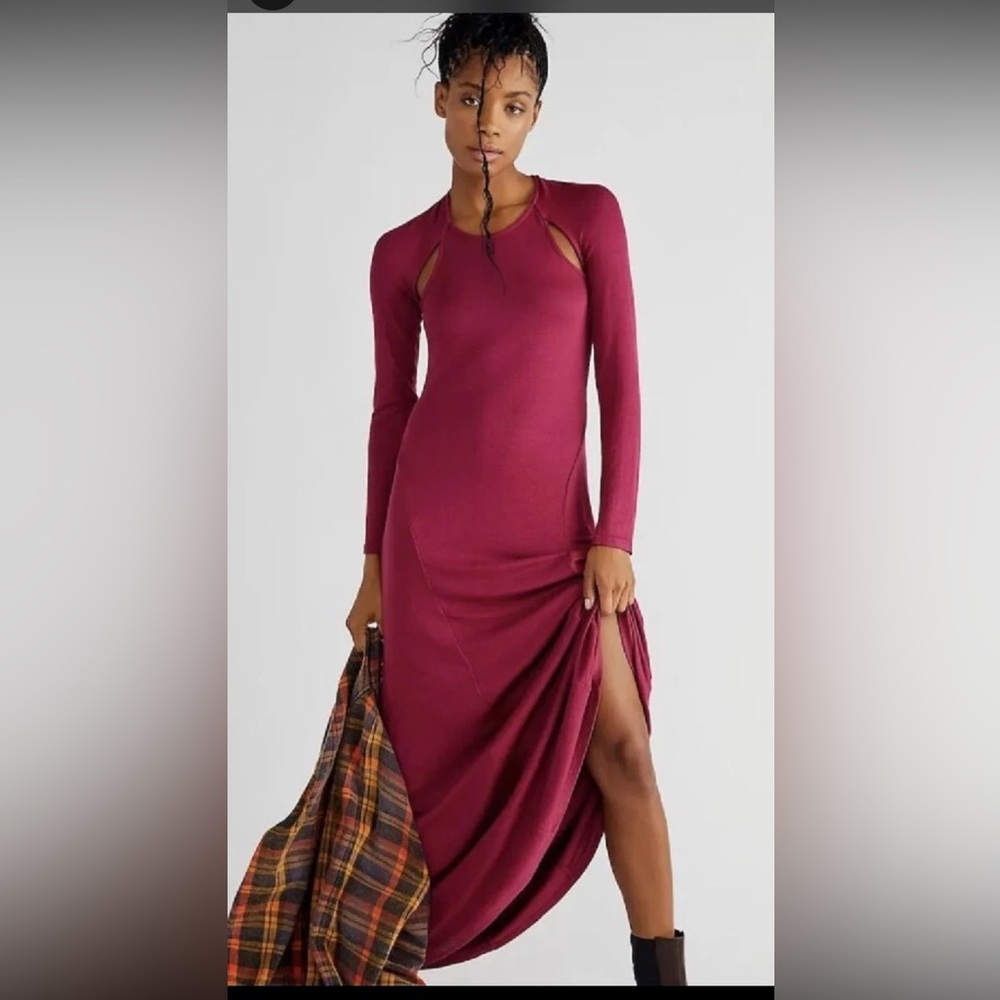 Free People FP Beach Nightout Open Back Longline Maxi Dress. Long sleeve red